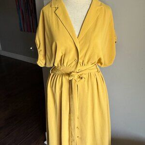 ChrisellexJOA Cocoon Button Up Vintage-Inspired Gold Yellow Midi Length Dress